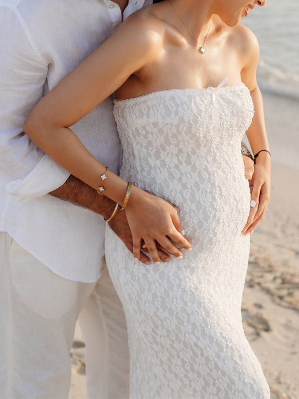 fotobeyou White Lace Bow Mermaid Bodycon Elegant Photoshoot Baby Shower Maternity Maxi Dress