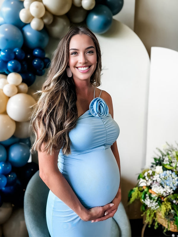 fotobeyou 3D Flower Ruched Bodycon Cute Elegant Photoshoot Baby Shower Maternity Maxi Dress