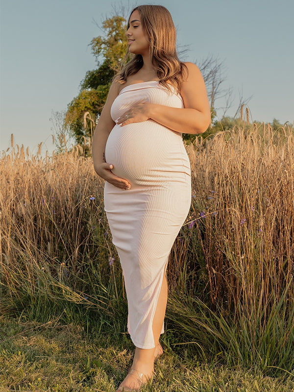 fotobeyou Solid Color Knitted Bandeau Side Slit Strapless Bodycon Elegant Daily Going Out Maternity Photoshoot Baby Shower Maxi Dress