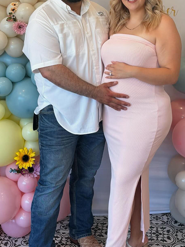 fotobeyou Solid Color Knitted Bandeau Side Slit Strapless Bodycon Elegant Daily Going Out Maternity Photoshoot Baby Shower Maxi Dress