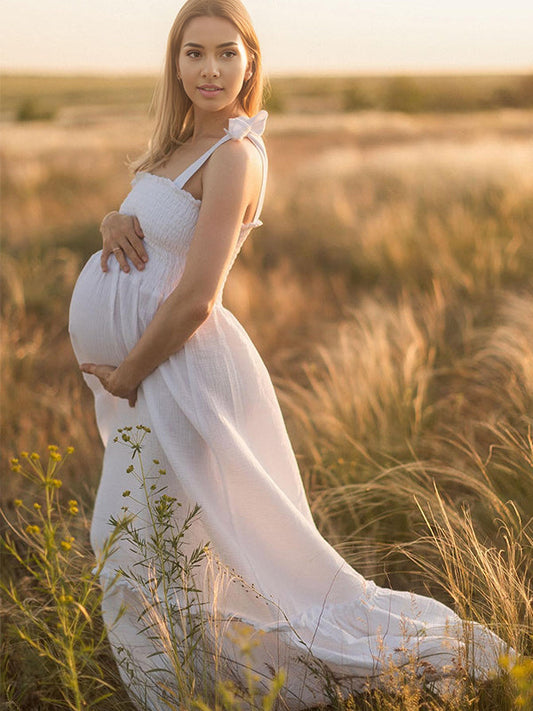 fotobeyou White Smocked Knotted Adjustable Strap Ruffle Falbala Babydoll Shirred Big Swing Elegant Baby Moon Going Out Boho Maternity Photoshoot Baby Shower Maxi Dress