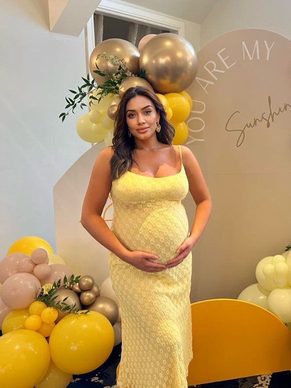 fotobeyou Yellow Lace Floral Mesh Cami Bodycon Elegant Cocktail Party Going Out Daily Maternity Photoshoot Baby Shower Maxi Dress