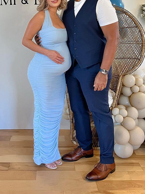 fotobeyou Blue Tulle Halter Neck Backless Cascading Ruffle Bodycon Side Slit Going Out Gowns Elegant Baby Shower Maternity Maxi Dress