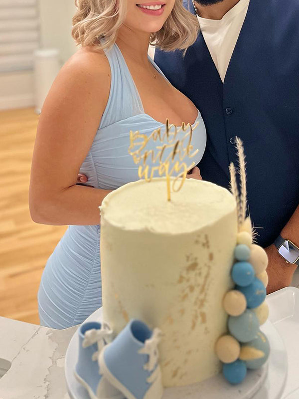 fotobeyou Blue Tulle Halter Neck Backless Cascading Ruffle Bodycon Side Slit Going Out Gowns Elegant Baby Shower Maternity Maxi Dress