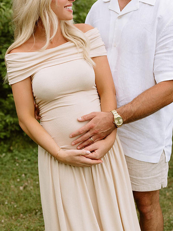 fotobeyou Apricot Off Shoulder Ruched Backless Boat Neck Cap Sleeve Splicing Elegant Boutique Holiday Gowns Photoshoot Maternity Maxi Dress