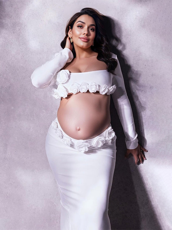 fotobeyou White 3D Flowers Cut Out Bodycon Elegant Photoshoot Baby Shower Maternity Maxi Dress