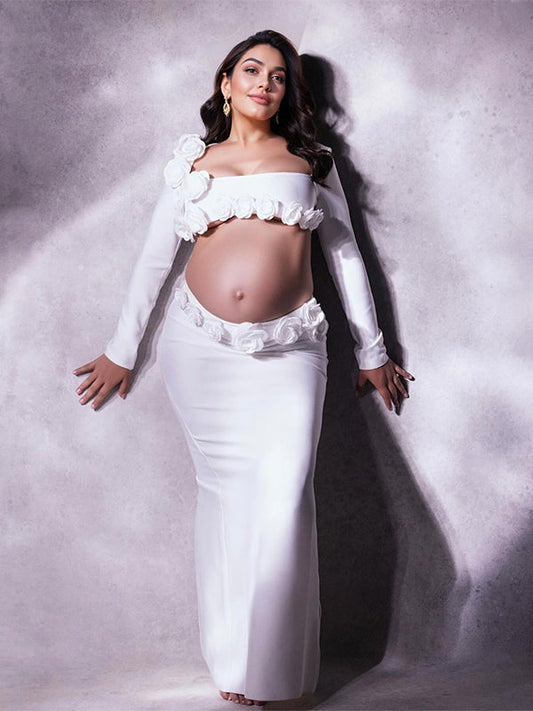 fotobeyou White 3D Flowers Cut Out Bodycon Elegant Photoshoot Baby Shower Maternity Maxi Dress