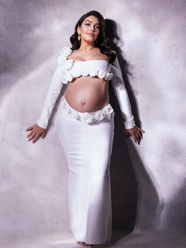 fotobeyou White 3D Flowers Cut Out Bodycon Elegant Photoshoot Baby Shower Maternity Maxi Dress