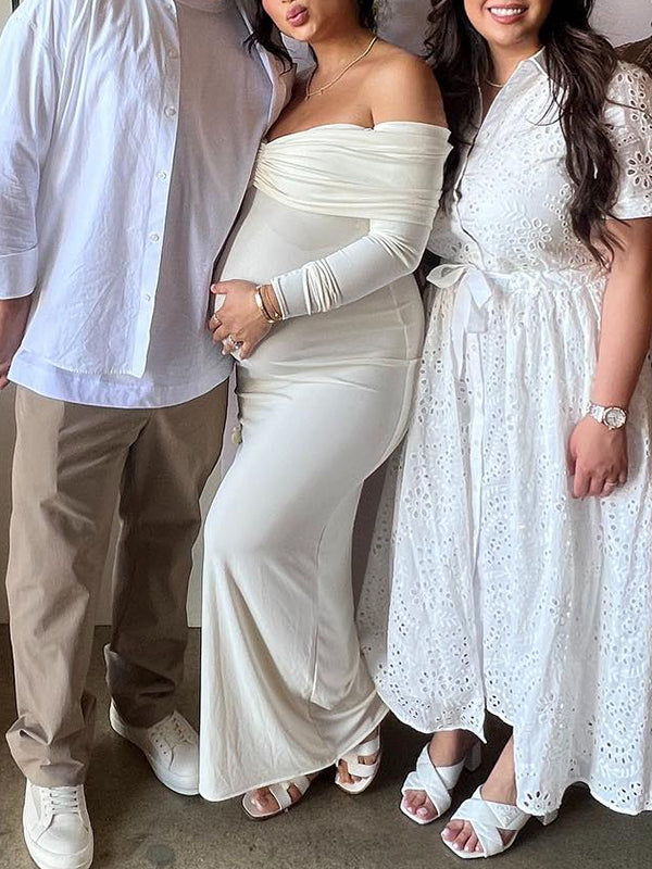 fotobeyou White Ruched Off Shoulder Backless Bowknot Bandeau Bodycon Mermaid Cocktail Party Bandage Babyshower Gowns Photoshoot Maternity Maxi Dress