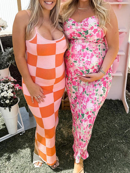 fotobeyou Pink Floral Pleated Bodycon Cami Elegant Cocktail Party Going Out Maternity Photoshoot Baby Shower Maxi Dress