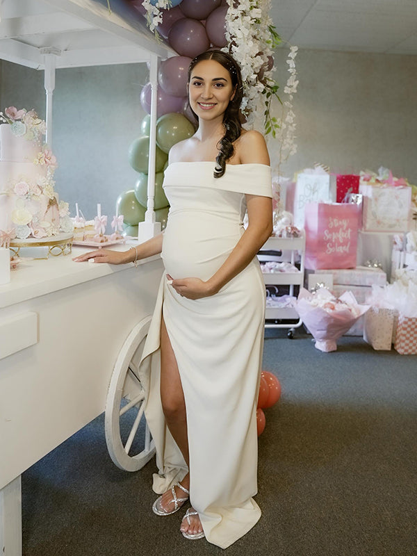 fotobeyou White Off Shoulder Ruched Ruffle Falbala Side Slit Bodycon Elegant Cocktail Evening Gown Gown Maternity Photoshoot Baby Shower Maxi Dress