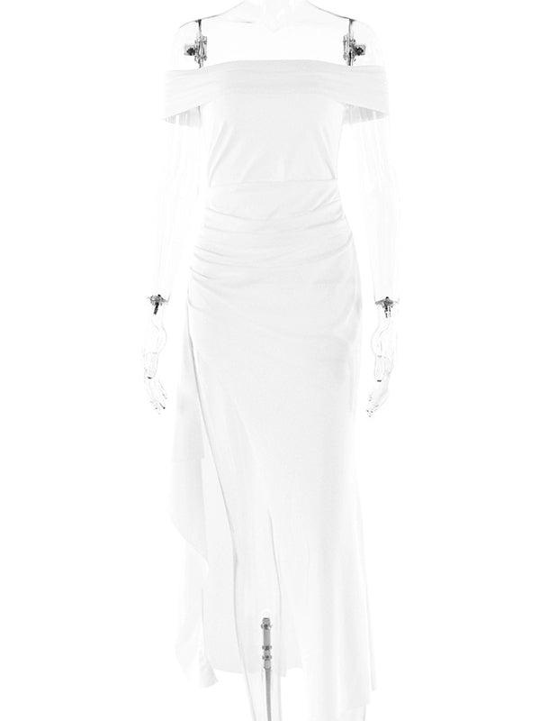 fotobeyou White Off Shoulder Ruched Ruffle Falbala Side Slit Bodycon Elegant Cocktail Evening Gown Gown Maternity Photoshoot Baby Shower Maxi Dress