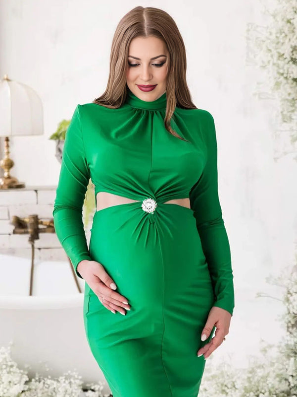fotobeyou Green Ruched Rhinestone Cut Out High Neck Long Sleeve Bodycon Elegant Cocktail Party Maternity Photoshoot Baby Shower Maxi Dress