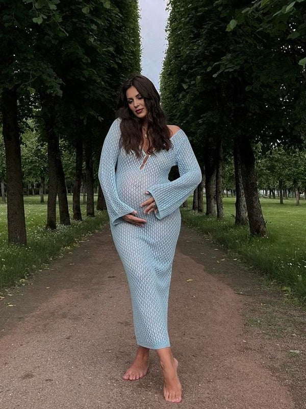 fotobeyou Blue Crochet Hollow Out Backless Deep V-neck Flare Sleeve Elegant Baby Moon Beach Cover Up Photoshoot Baby Shower Maxi Dress