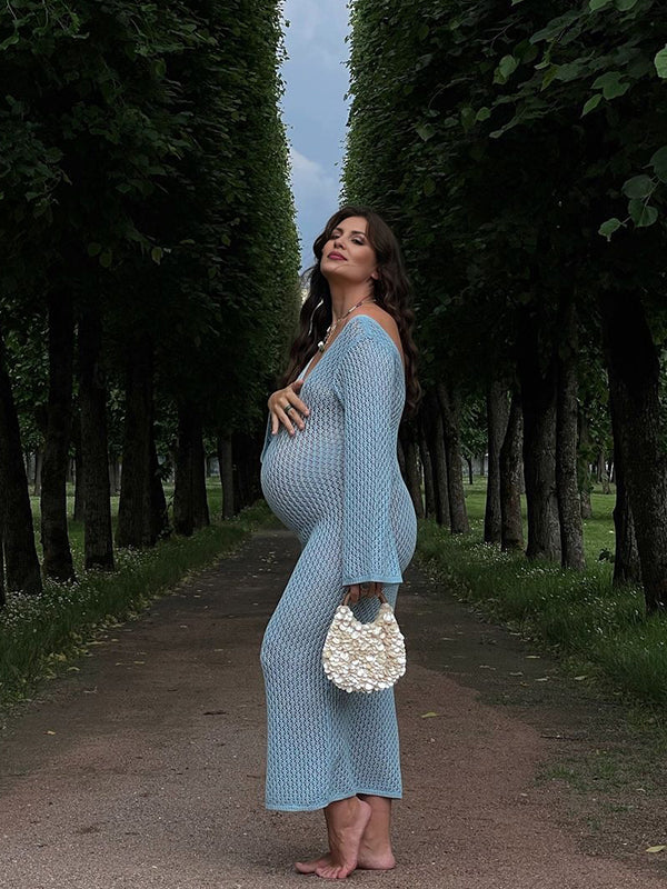 fotobeyou Blue Crochet Hollow Out Backless Deep V-neck Flare Sleeve Elegant Baby Moon Beach Cover Up Photoshoot Baby Shower Maxi Dress