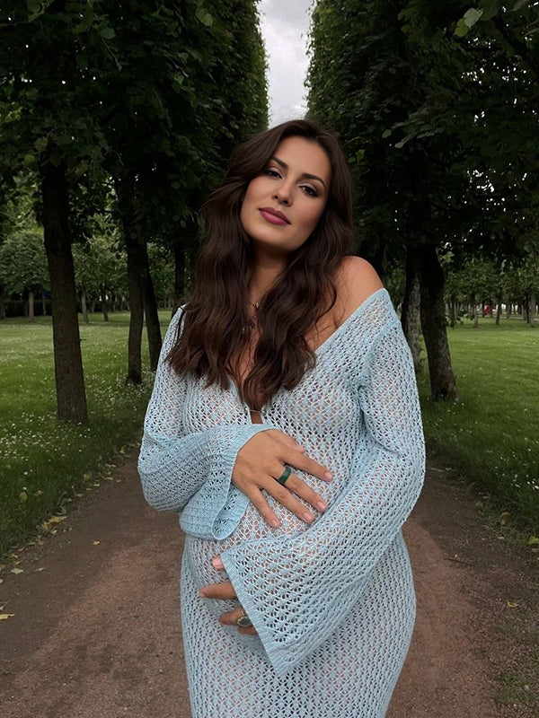 fotobeyou Blue Crochet Hollow Out Backless Deep V-neck Flare Sleeve Elegant Baby Moon Beach Cover Up Photoshoot Baby Shower Maxi Dress