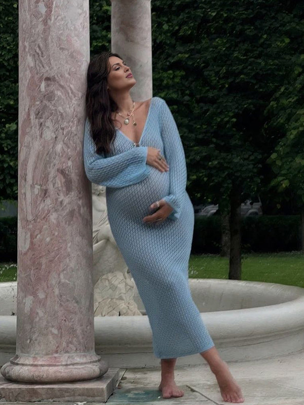 fotobeyou Blue Crochet Hollow Out Backless Deep V-neck Flare Sleeve Elegant Baby Moon Beach Cover Up Photoshoot Baby Shower Maxi Dress