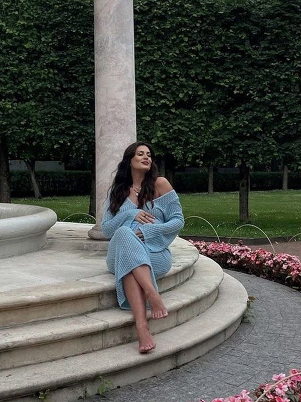 fotobeyou Blue Crochet Hollow Out Backless Deep V-neck Flare Sleeve Elegant Baby Moon Beach Cover Up Photoshoot Baby Shower Maxi Dress