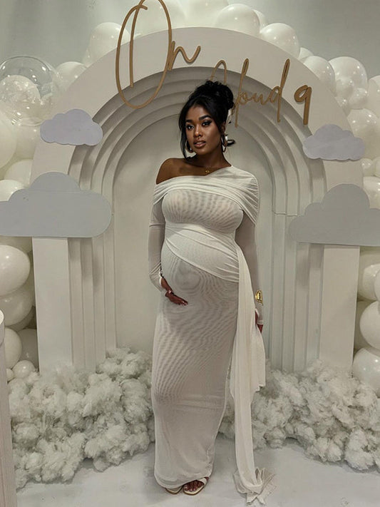 fotobeyou White Mesh Irregular Ruched Draped Off Shoulder Bodycon Elegant Cocktail Party Gown Maternity Photoshoot Baby Shower Maxi Dress