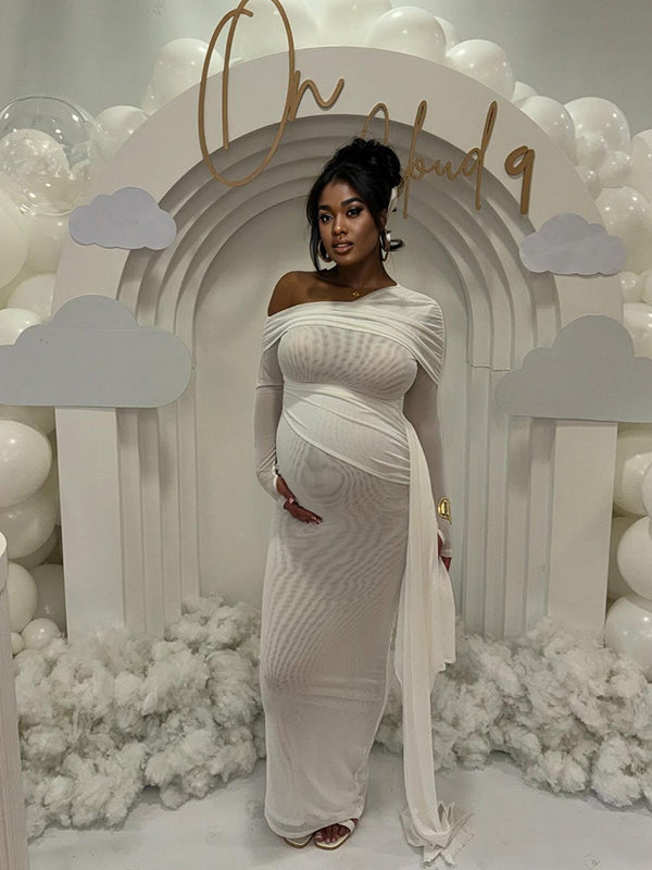 fotobeyou White Mesh Irregular Ruched Draped Off Shoulder Bodycon Elegant Cocktail Party Gown Maternity Photoshoot Baby Shower Maxi Dress
