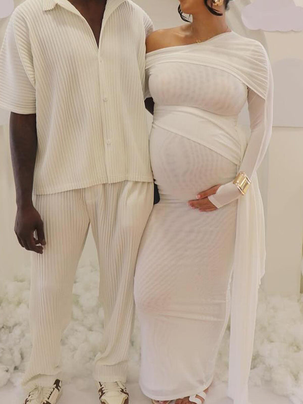 fotobeyou White Mesh Irregular Ruched Draped Off Shoulder Bodycon Elegant Cocktail Party Gown Maternity Photoshoot Baby Shower Maxi Dress