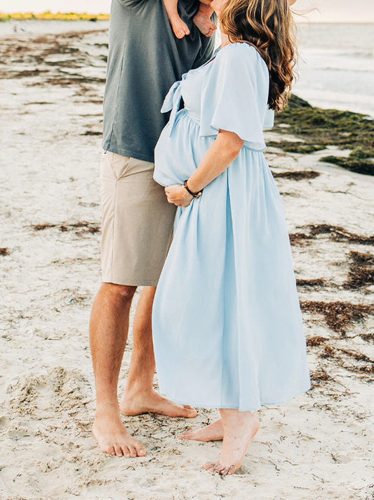 fotobeyou Bow Flutter Sleeve Solid V-neck Flowy Beach Cute Photoshoot Baby Shower Maternity Maxi Dress