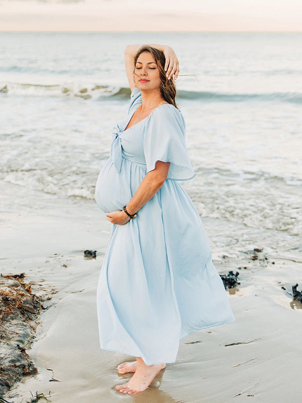 fotobeyou Bow Flutter Sleeve Solid V-neck Flowy Beach Cute Photoshoot Baby Shower Maternity Maxi Dress