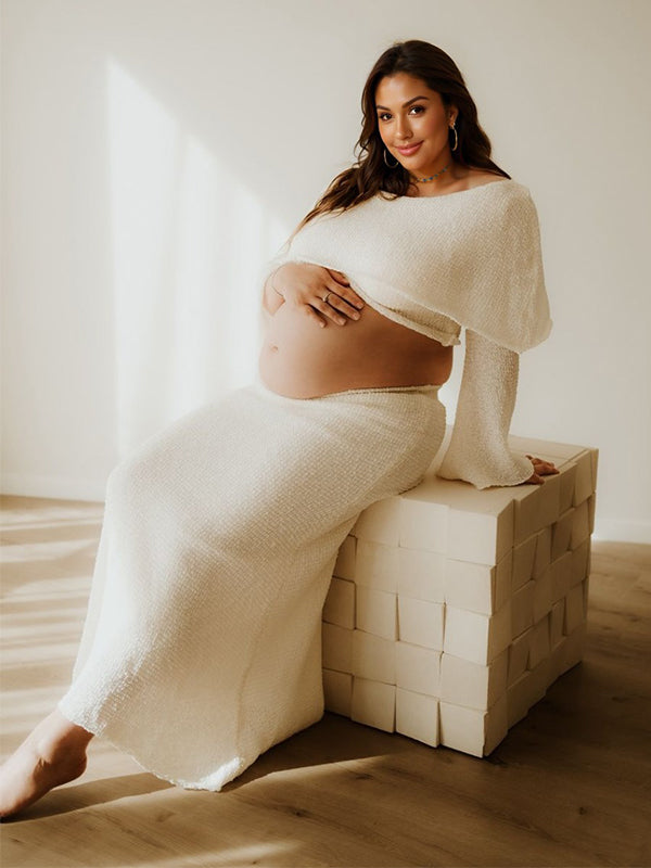 fotobeyou White Off Shoulder Backless Crop Knitwear 2-in-1 Bodycon Mermaid Going Out Photoshoot Maternity Maxi Dress