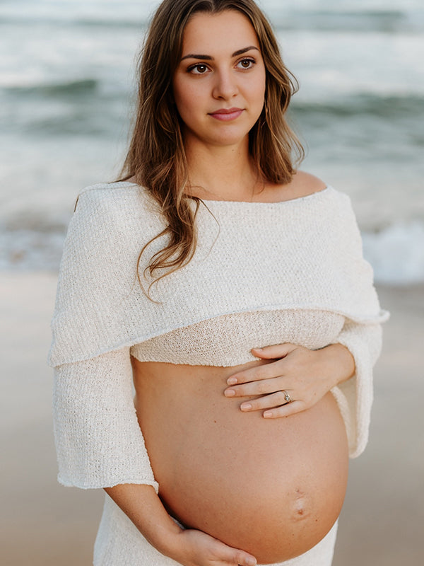 fotobeyou White Off Shoulder Backless Crop Knitwear 2-in-1 Bodycon Mermaid Going Out Photoshoot Maternity Maxi Dress
