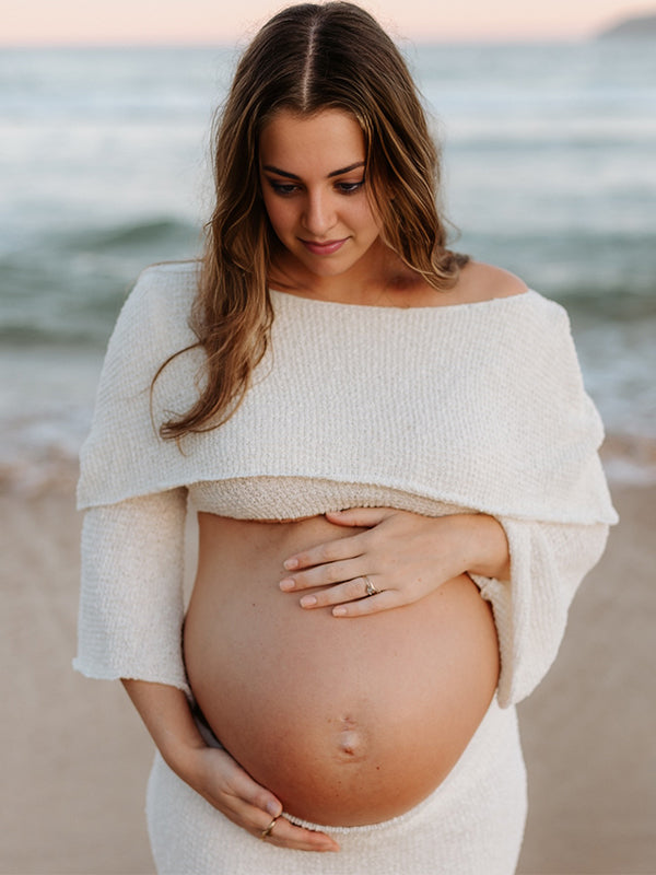fotobeyou White Off Shoulder Backless Crop Knitwear 2-in-1 Bodycon Mermaid Going Out Photoshoot Maternity Maxi Dress