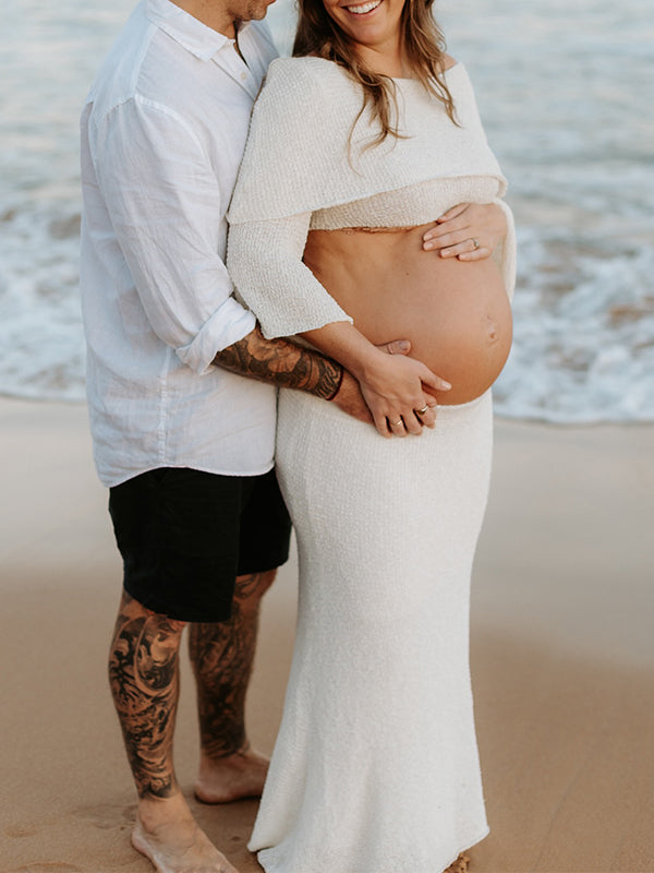 fotobeyou White Off Shoulder Backless Crop Knitwear 2-in-1 Bodycon Mermaid Going Out Photoshoot Maternity Maxi Dress