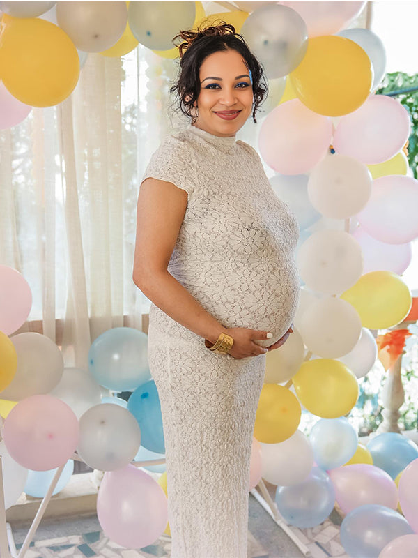 fotobeyou White Lace Embroidery Band Neck Back Split Bodycon Mermaid Going Out Cocktail Party Bandage Gowns Baby Shower Maternity Maxi Dress