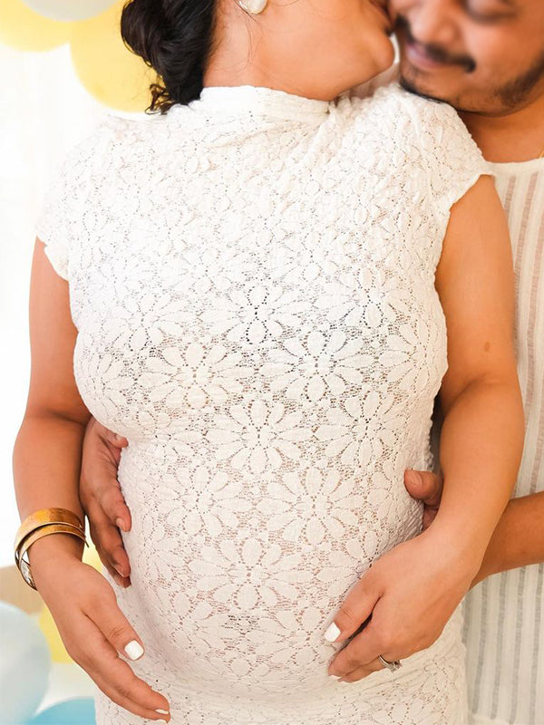 fotobeyou White Lace Embroidery Band Neck Back Split Bodycon Mermaid Going Out Cocktail Party Bandage Gowns Baby Shower Maternity Maxi Dress