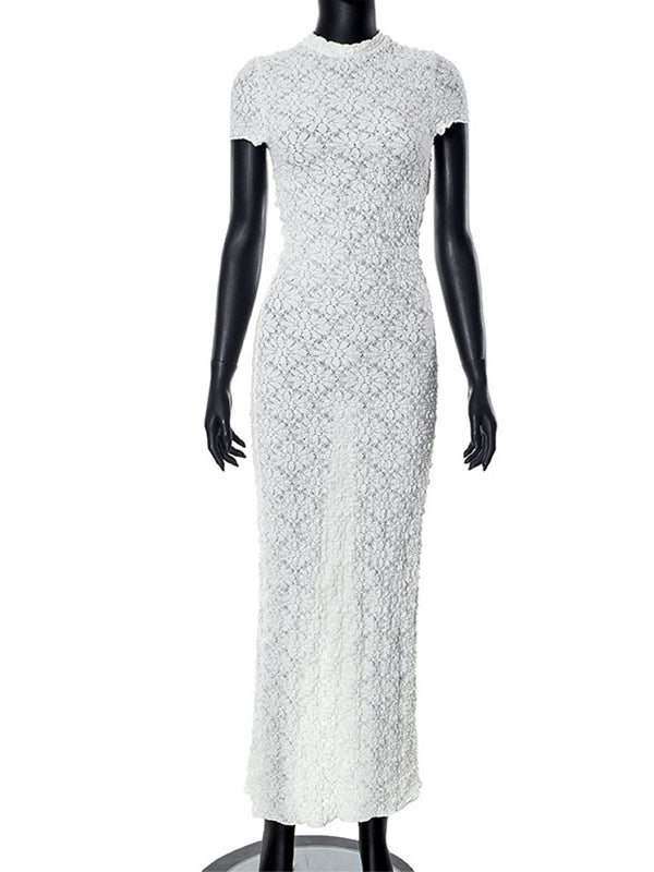 fotobeyou White Lace Embroidery Band Neck Back Split Bodycon Mermaid Going Out Cocktail Party Bandage Gowns Baby Shower Maternity Maxi Dress