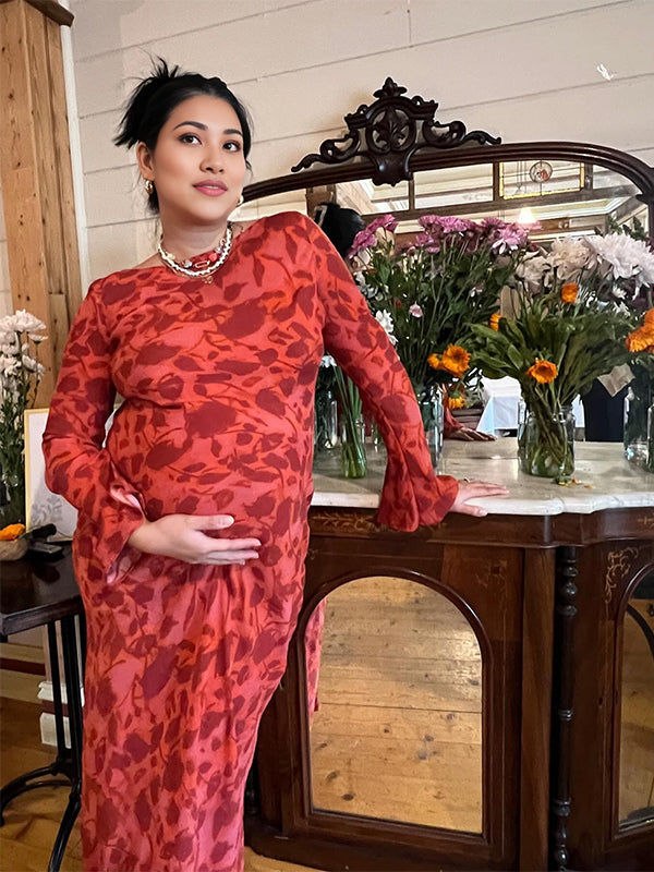 fotobeyou Red Leopard Flare Sleeve Mermaid Bodycon Cute Elegant Photoshoot Baby Shower Maternity Maxi Dress