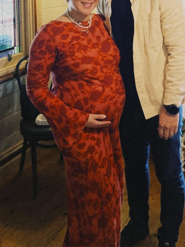 fotobeyou Red Leopard Flare Sleeve Mermaid Bodycon Cute Elegant Photoshoot Baby Shower Maternity Maxi Dress