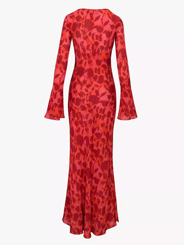 fotobeyou Red Leopard Flare Sleeve Mermaid Bodycon Cute Elegant Photoshoot Baby Shower Maternity Maxi Dress