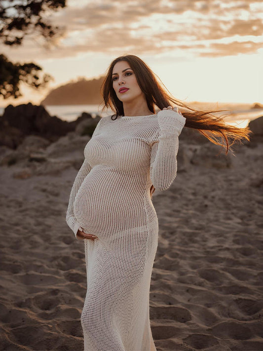 fotobeyou Beige Back Tie Knit Cut Out Flare Sleeve Elegant Photoshoot Baby Shower Maternity Maxi Dress