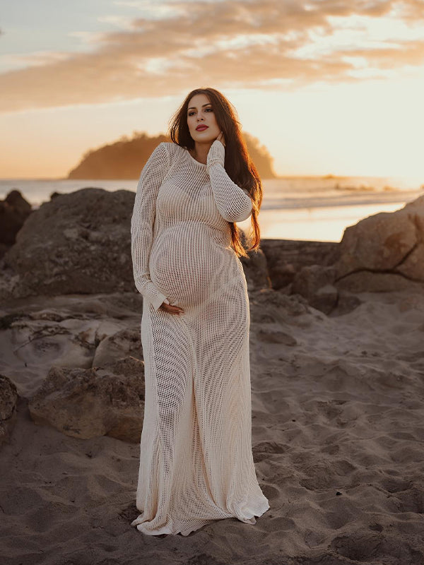 fotobeyou Beige Back Tie Knit Cut Out Flare Sleeve Elegant Photoshoot Baby Shower Maternity Maxi Dress