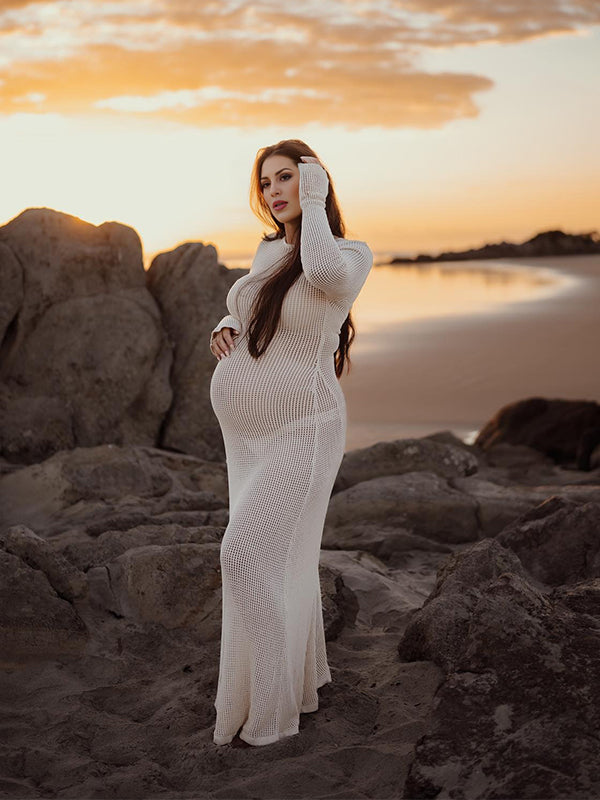 fotobeyou Beige Back Tie Knit Cut Out Flare Sleeve Elegant Photoshoot Baby Shower Maternity Maxi Dress