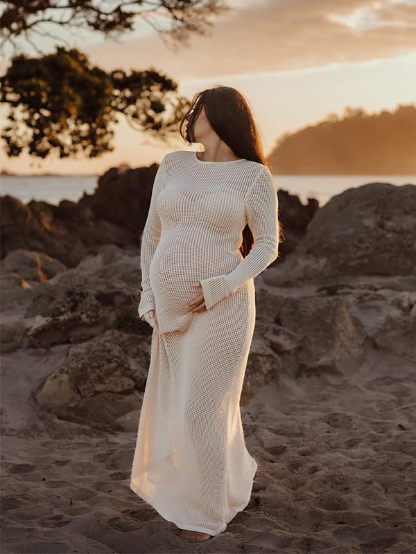 fotobeyou Beige Back Tie Knit Cut Out Flare Sleeve Elegant Photoshoot Baby Shower Maternity Maxi Dress