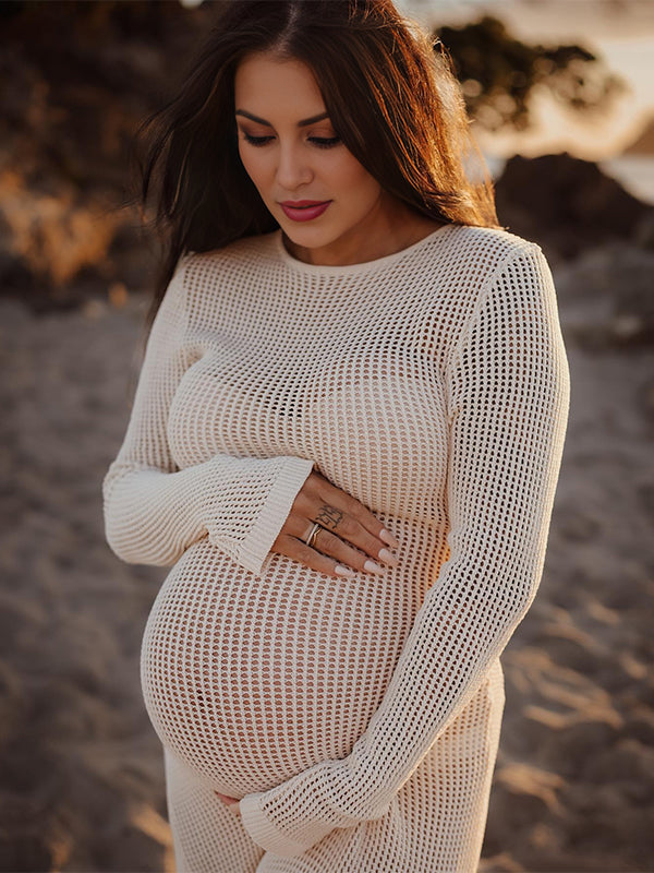 fotobeyou Beige Back Tie Knit Cut Out Flare Sleeve Elegant Photoshoot Baby Shower Maternity Maxi Dress