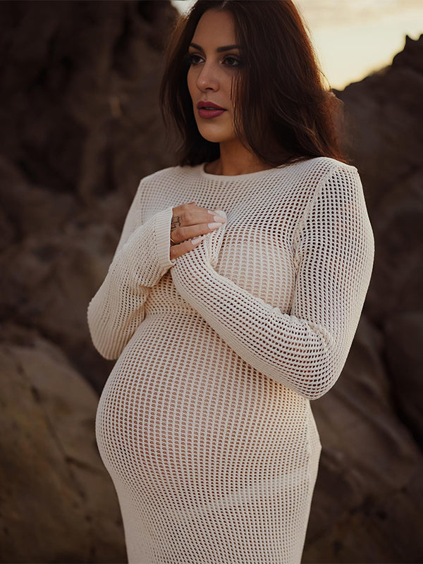 fotobeyou Beige Back Tie Knit Cut Out Flare Sleeve Elegant Photoshoot Baby Shower Maternity Maxi Dress