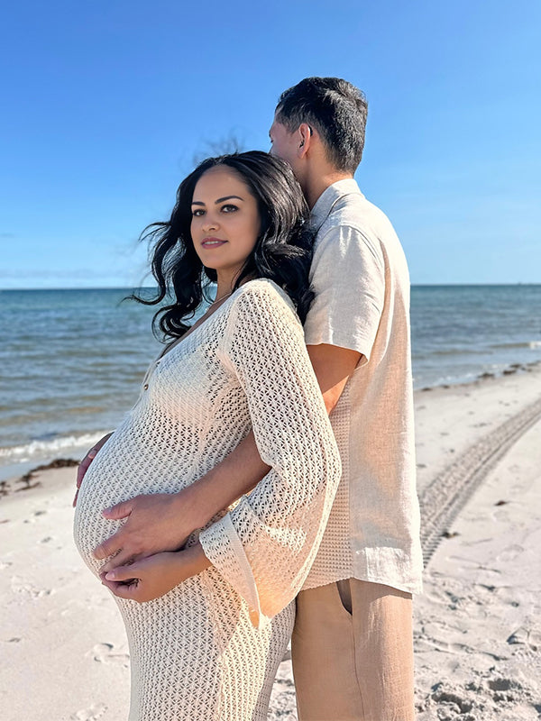 fotobeyou Beige Cut Out Knit V-neck Flare Sleeve Backless Elegant Photoshoot Baby Shower Maternity Maxi Dress