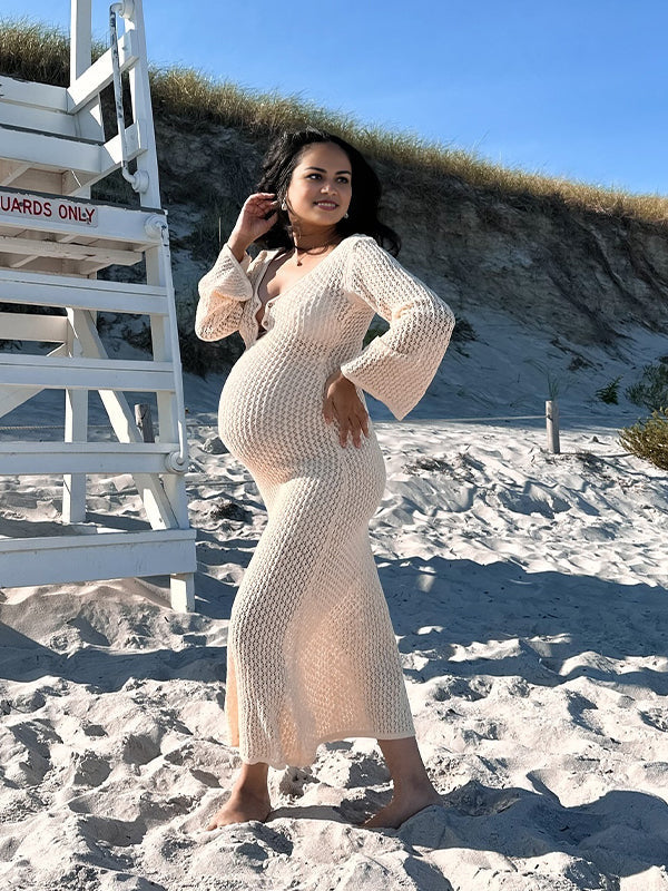 fotobeyou Beige Cut Out Knit V-neck Flare Sleeve Backless Elegant Photoshoot Baby Shower Maternity Maxi Dress