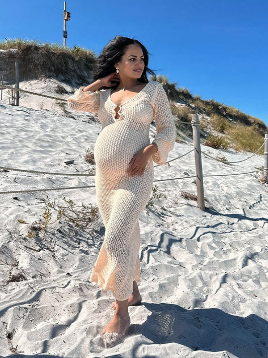 fotobeyou Beige Cut Out Knit V-neck Flare Sleeve Backless Elegant Photoshoot Baby Shower Maternity Maxi Dress