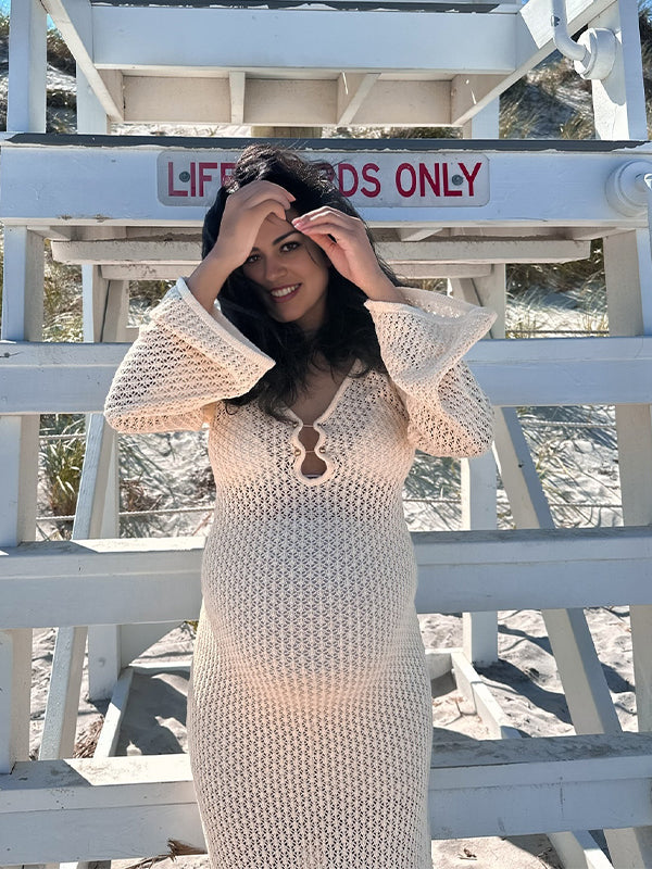 fotobeyou Beige Cut Out Knit V-neck Flare Sleeve Backless Elegant Photoshoot Baby Shower Maternity Maxi Dress