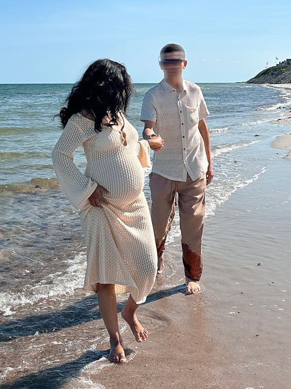 fotobeyou Beige Cut Out Knit V-neck Flare Sleeve Backless Elegant Photoshoot Baby Shower Maternity Maxi Dress