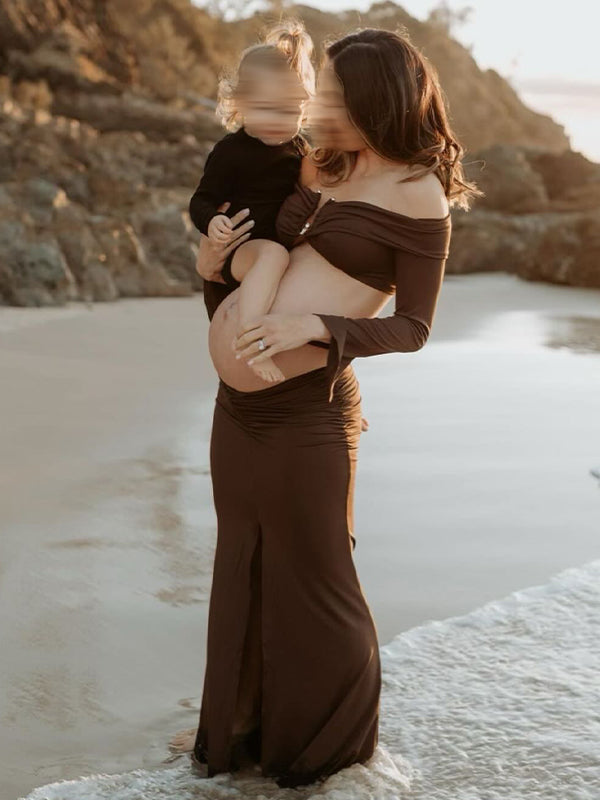 fotobeyou Brown 2-in-1 Off Shoulder Flare Sleeve Ruched Back Slit Bodycon Elegant Photoshoot Maternity Maxi Dress