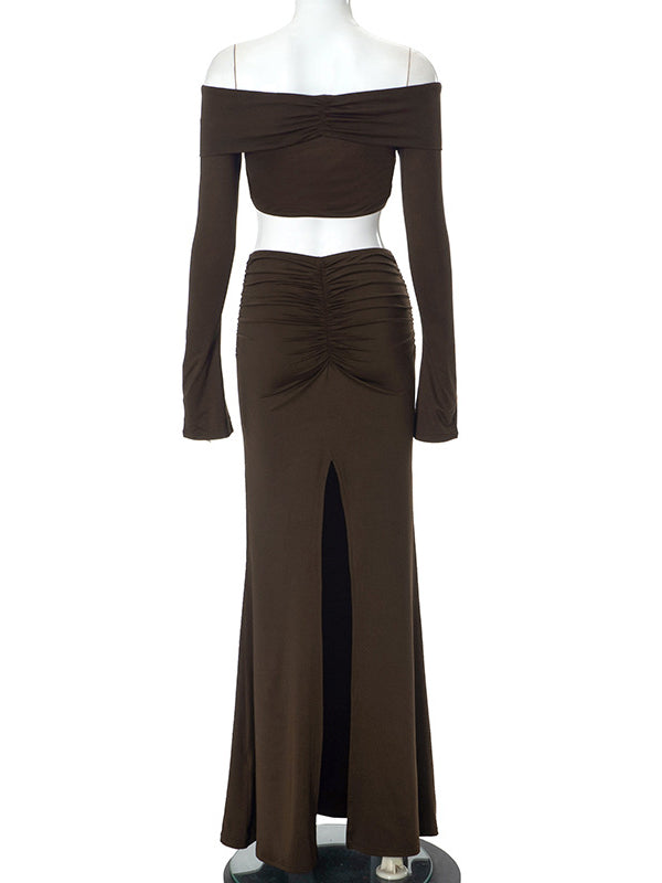 fotobeyou Brown 2-in-1 Off Shoulder Flare Sleeve Ruched Back Slit Bodycon Elegant Photoshoot Maternity Maxi Dress